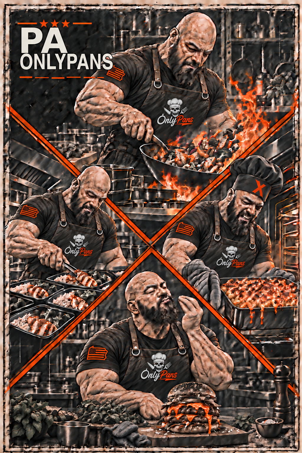 Four-scene PA OnlyPans chef illustration