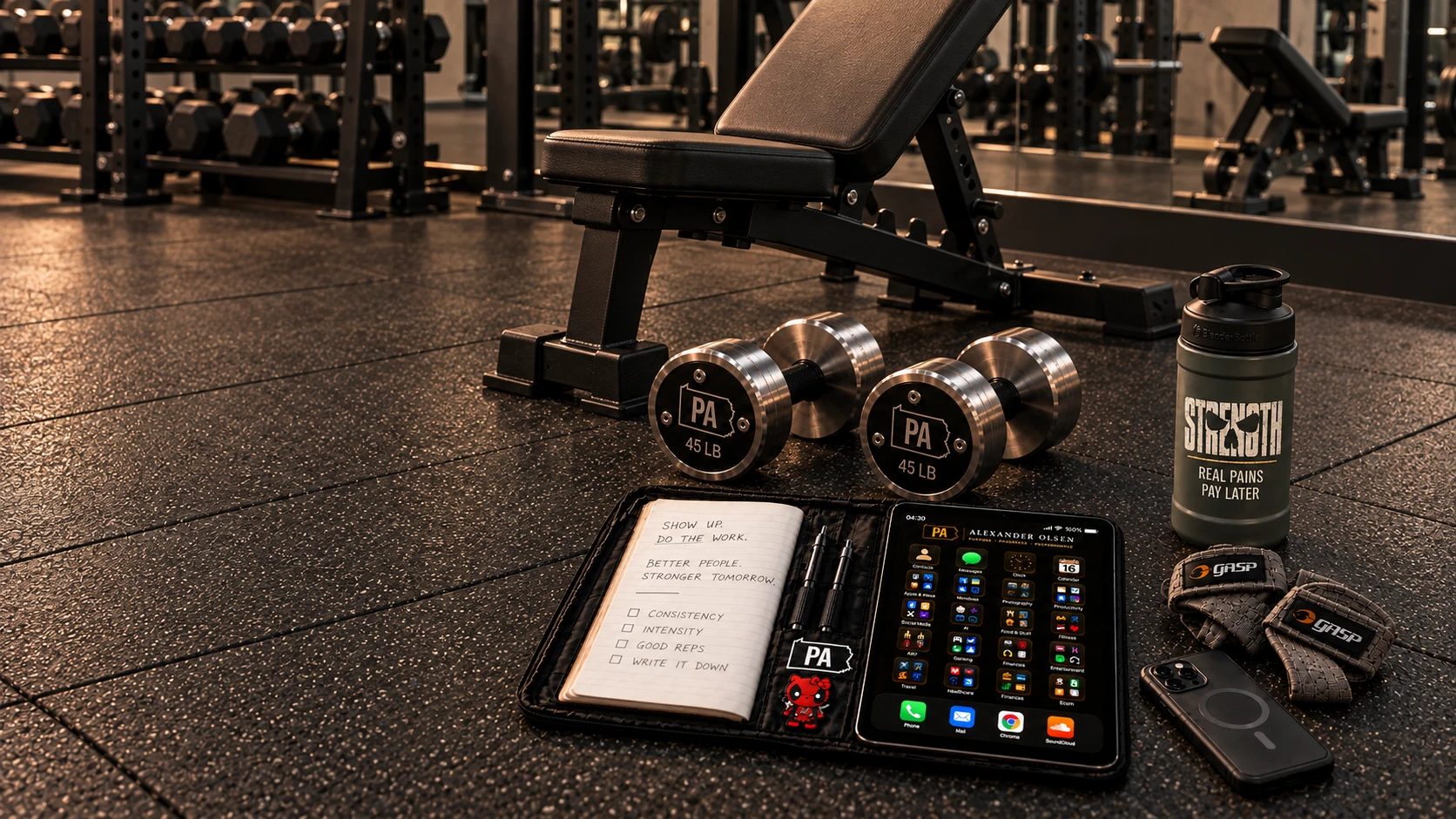 A gym floor with two PA Strength 45 lb dumbbells, an open notebook folio holding a tablet, a STRENGTH bottle and GASP lifting straps