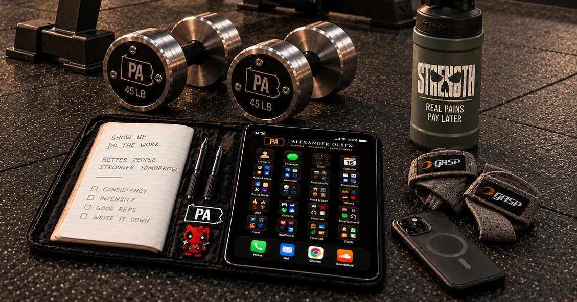 A gym floor with two PA Strength 45 lb dumbbells, an open notebook folio holding a tablet, a STRENGTH bottle and GASP lifting straps