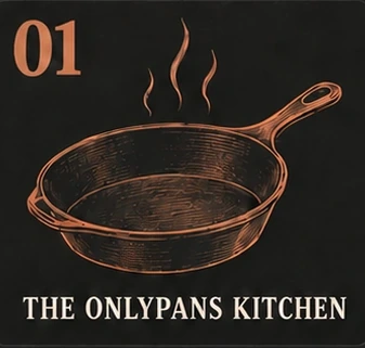 01. The OnlyPans Kitchen. Orange sketch of a steaming cast iron skillet.