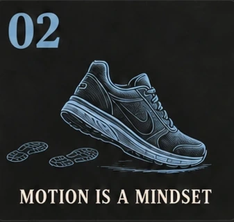 02. Motion Is a Mindset. Blue sketch of a walking shoe and footprints.