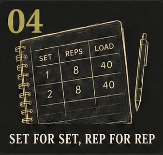 04. Set for Set, Rep for Rep. Gold sketch of a training log and pen.