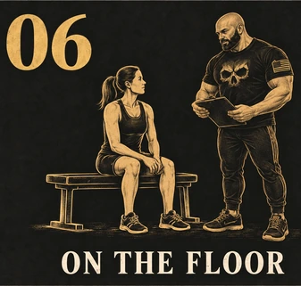 06. On the Floor. Gold sketch of a coach beside a client seated on a gym bench.