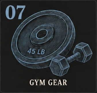 07. Gym Gear. Blue sketch of a 45-pound plate and dumbbell.