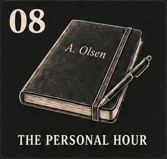 08. The Personal Hour. Ivory sketch of a notebook labeled A. Olsen with a pen.