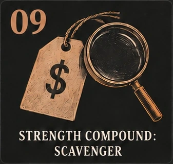 09. Strength Compound: Scavenger. Bronze sketch of a price tag and magnifying glass.