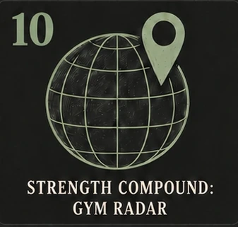 10. Strength Compound: Gym Radar. Green sketch of a globe with a location pin.