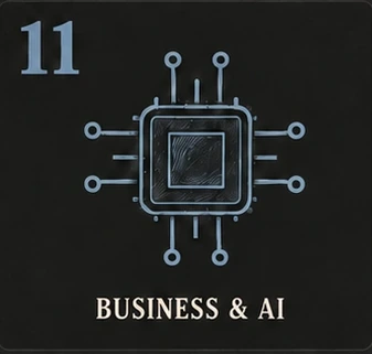 11. Business & AI. Blue sketch of a microchip and circuit connections.