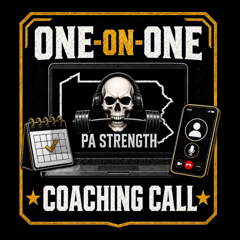 PA Strength one-on-one coaching call artwork: gold-framed card reading ONE-ON-ONE COACHING CALL, with a laptop on a video call showing the PA Strength skull over the Pennsylvania outline, a calendar and a phone showing call controls