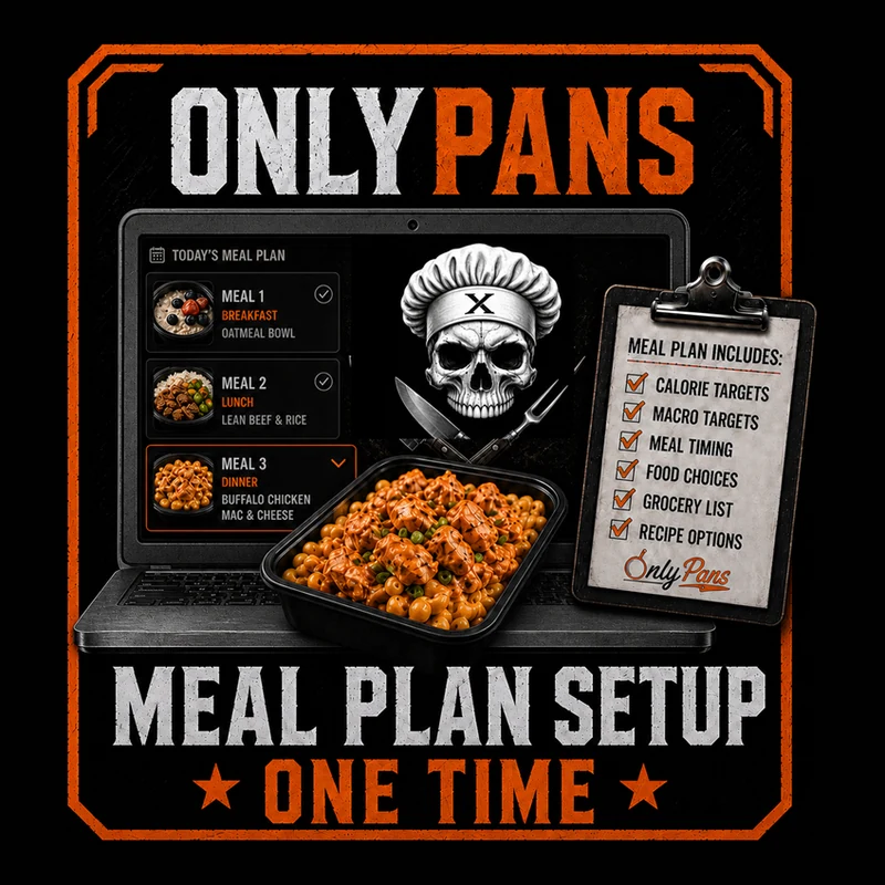 OnlyPans meal plan setup artwork: a laptop showing a day of meals beside a checklist of calorie targets, macro targets, meal timing, food choices, grocery list and recipe options