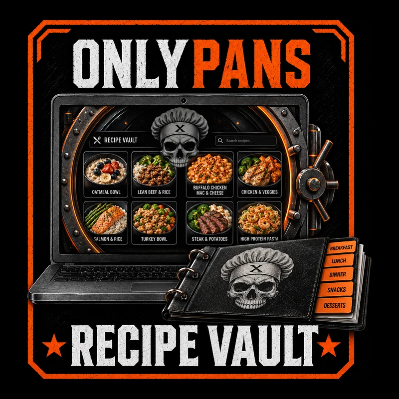 OnlyPans Recipe Vault promotional artwork: a laptop showing a vault-door recipe browser with example dishes, beside a tabbed recipe binder