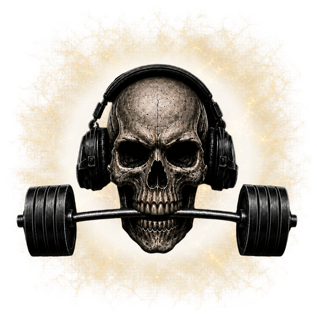 Canonical PA Strength skull with training headset and a flexing four-plate bar